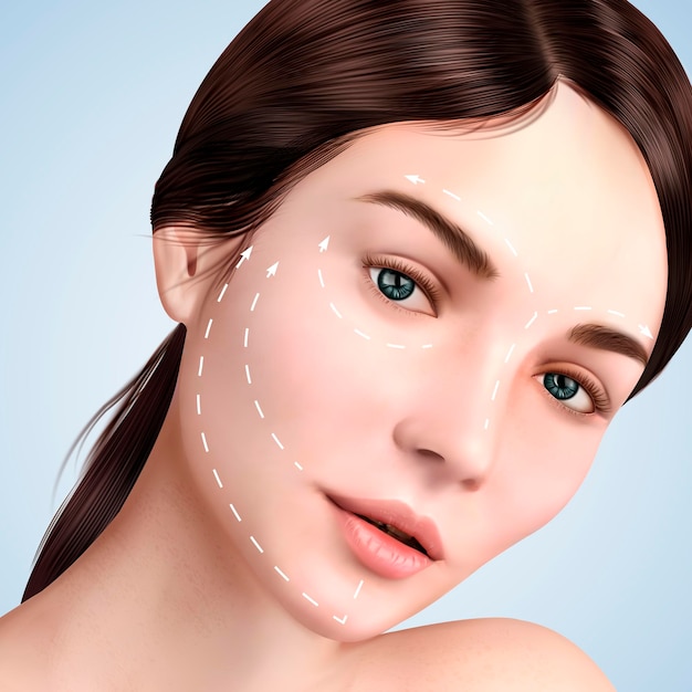 Vetor closeup olhar para uma bela modelo, efeito de levantamento de pele com setas brancas no rosto para procedimentos cosméticos ou médicos, ilustração 3d