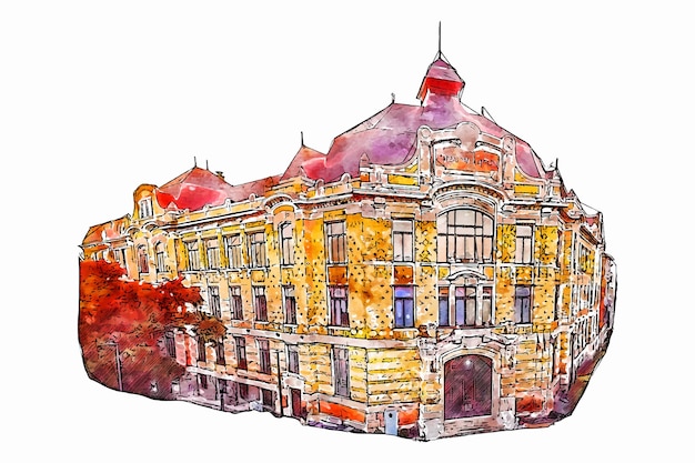 Vetor cluj napoca romênia ilustração desenhada à mão em aquarela isolada no fundo branco