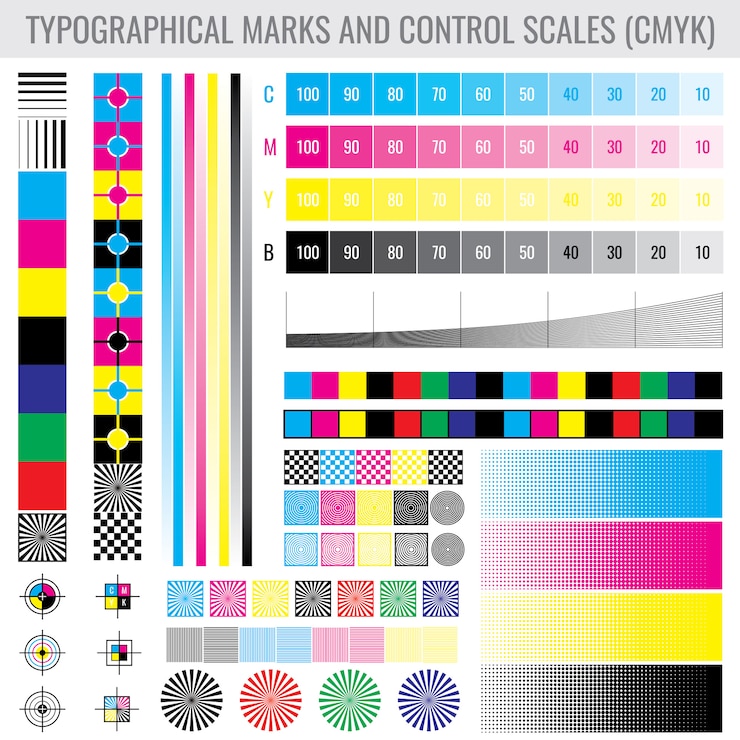 Vetor cmyk imprime marcas de impressão e barras de gradiente de tom de cor para conjunto de teste de impressora