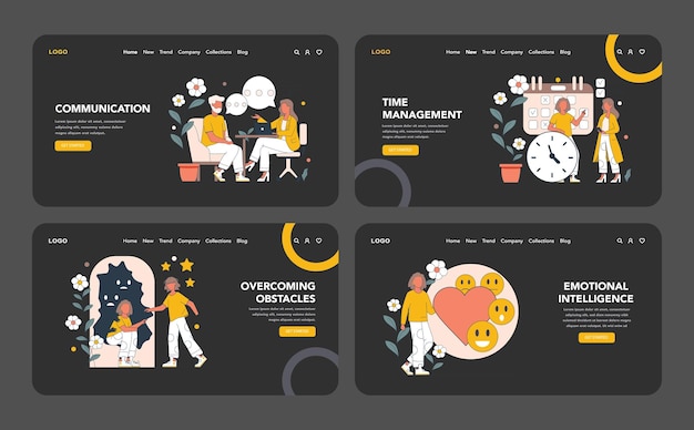 Coach de desenvolvimento pessoal à noite ou modo escuro web ou landing page conjunto comunicação eficaz