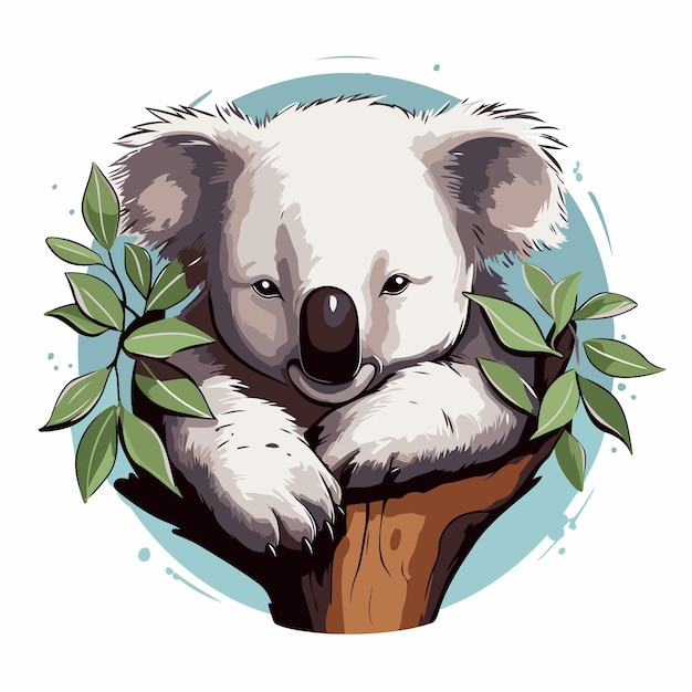 Vetor coala bonito em um tronco de árvore com folhas ilustração vetorial