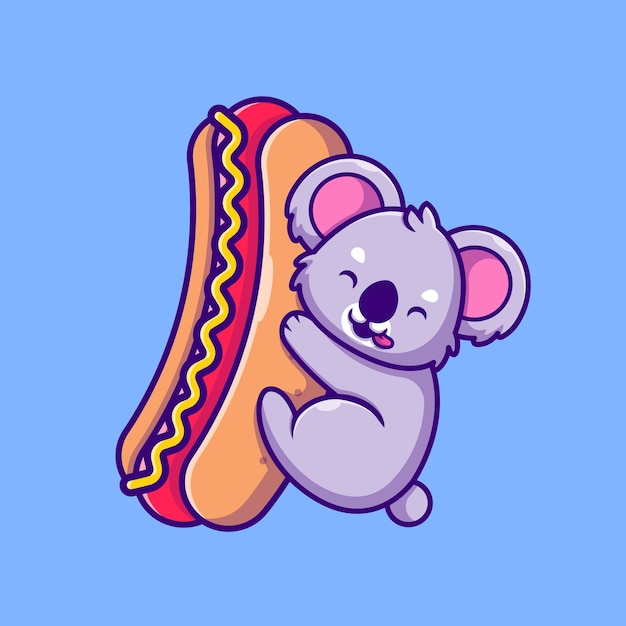 Coala bonito segurando grande hotdog cartoon ícone ilustração. conceito de ícone de comida animal isolado. estilo flat cartoon