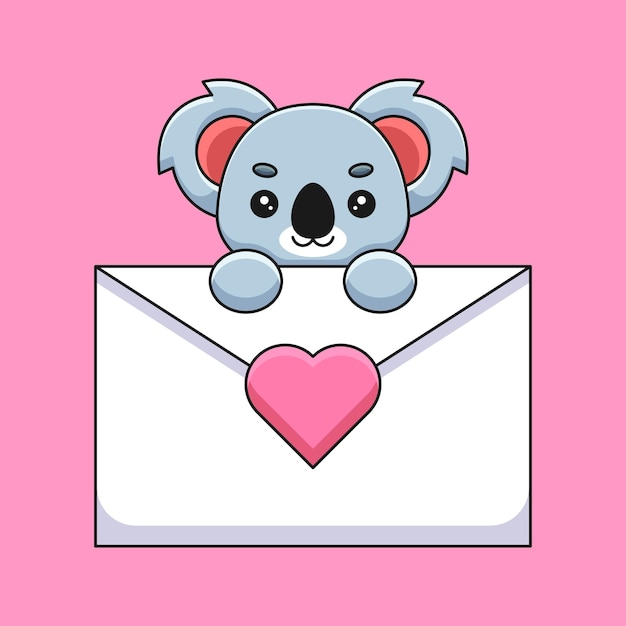 Coala bonito segurando uma carta de amor mascote dos desenhos animados doodle arte mão desenhada contorno conceito vetor ilustração ícone kawaii