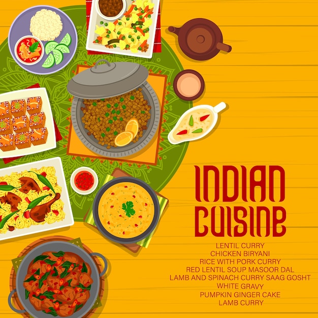 Cobertura do menu de refeições e pratos de comida indiana Frango com molho branco Biryani e bolo de gengibre de abóbora cordeiro e espinafre carne de porco e lentilha caril Sopa Masoor Dal chá masala vetor Banner de menu de cozinha indiana