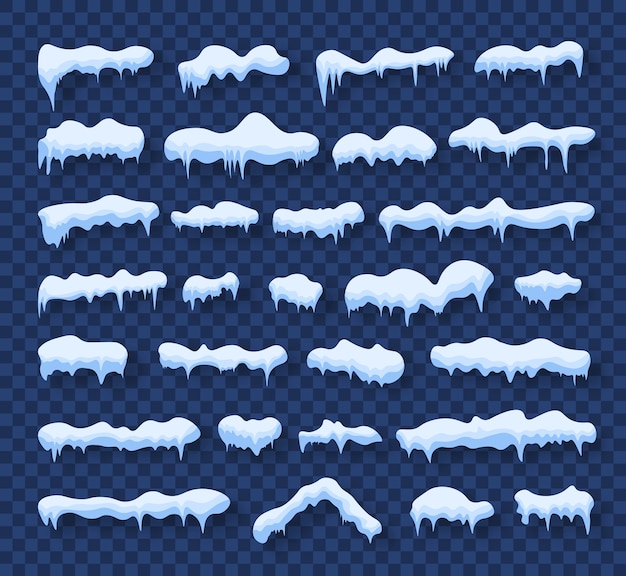 Coberturas de neve, neve caindo. Montes de neve e pingentes de gelo, decoração de inverno da calota de gelo. Temporada de inverno. Estilo de desenho animado.