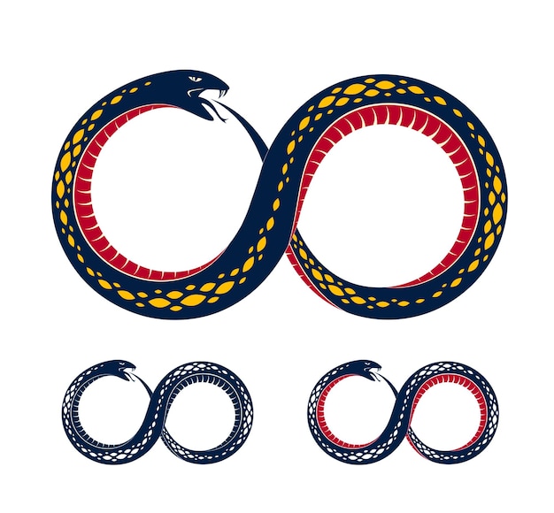 Cobra comendo seu próprio conto, Uroboros Cobra em forma de símbolo do infinito, ciclo infinito de vida e morte, logotipo de ilustração vetorial de símbolo antigo de Ouroboros, emblema ou tatuagem.