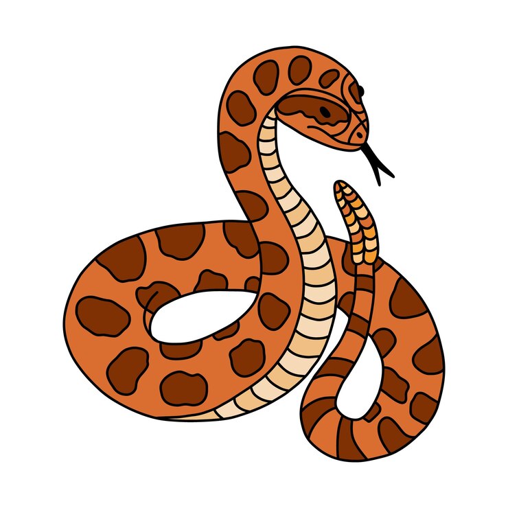 Vetor cobra desenhada à mão com chocalho doodle com contorno selva ou zoológico cascavel em ação com a língua para fora víbora venenosa tropical ou oeste selvagem em vista frontal vetor serpente perigosa verde