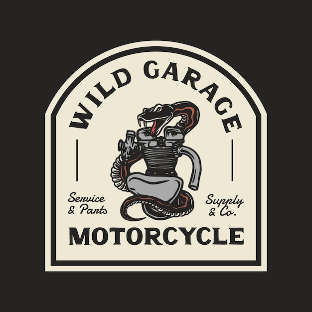 Cobra desenhada à mão estilo vintage de motocicleta e emblema de logotipo de garagem