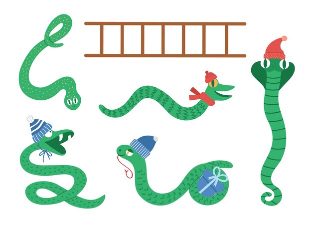 Vetor cobras e clipart de escada. animais engraçados de natal em chapéus e lenços para jogo de tabuleiro educativo. ilustração de serpente de inverno bonito isolada no fundo branco.