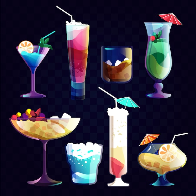 Cocktail à noite. cocktails de álcool e bebidas de suco tropical em um copo. conjunto de bebida para ilustração de festa à noite