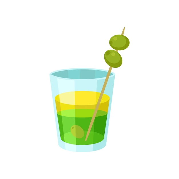 Cocktail alcoólico verde e amarelo em camadas com ilustração vetorial de desenho animado de azeitonas em um fundo branco