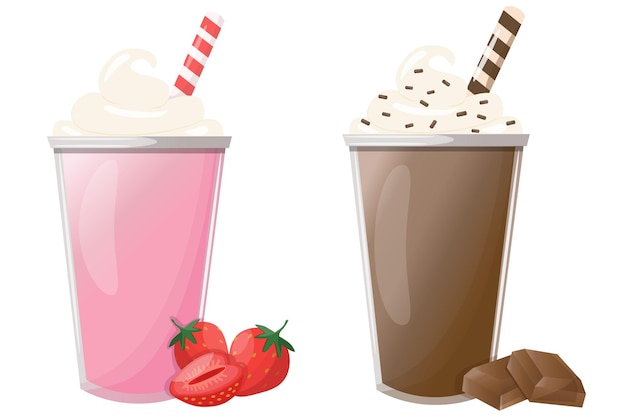 Cocktail de leite vetorial conjunto de bebidas saborosas com coleção de chantilly, chocolate e bebida de morango