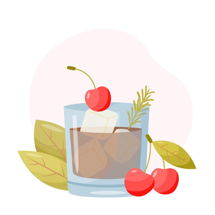 Vetor cocktail de whiskycola com cerejas e folhas ao fundo elementos de design de menu cocktail de verão em estilo simples