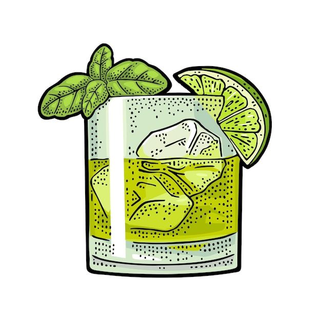 Cocktail gin manjericão smash ilustração de gravura de vetor de cor vintage para convite de cartaz de rótulo para festa isolado em fundo branco