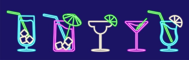 Cocktail neon design element copos com bebida. bebidas alcoólicas populares. ilustração vetorial