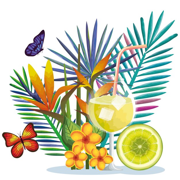 cocktail tropical com design de ilustração vetorial floral e fruta de limão