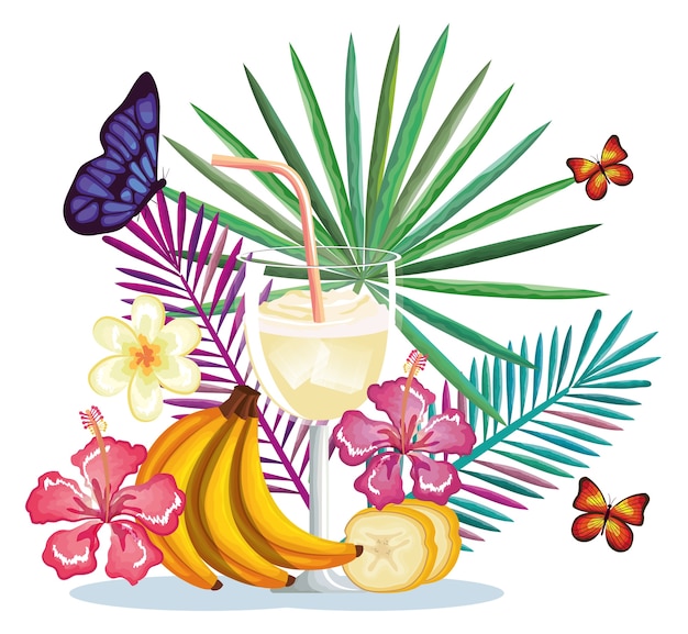 Vetor cocktail tropical com fruta banana e decoração design ilustração floral vector