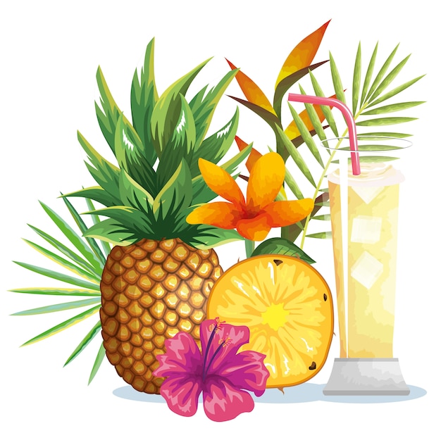 Cocktail tropical com frutas abacaxi e decoração design ilustração vetorial floral