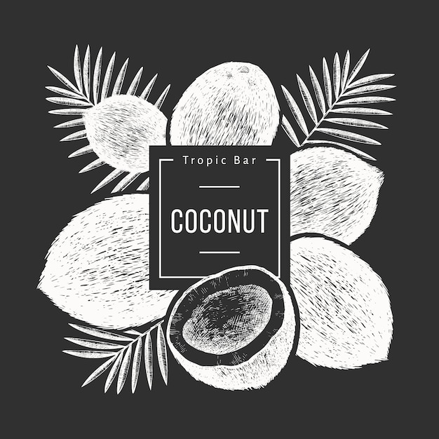 Coco com design de folhas de palmeira. Mão desenhada comida ilustração no quadro de giz.
