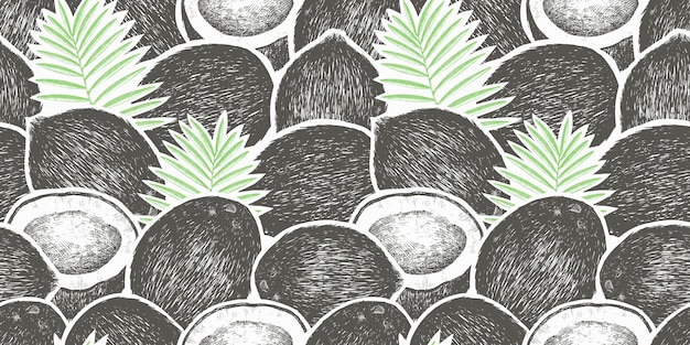 Coco com palm folhas padrão sem emenda. mão desenhada comida ilustração. planta exótica de estilo gravado. fundo tropical botânico vintage.