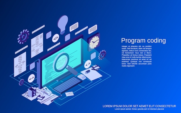 Codificação de programa, desenvolvimento de aplicativo, conceito de vetor isométrico plano de programação web