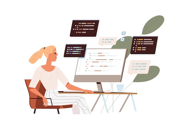 Codificador na tela do computador com código de programa abstrato. Desenvolvedor de software trabalha com script. Programador de mulher no PC. Conceito de tecnologia da informação. Ilustração em vetor plana isolada no fundo branco.