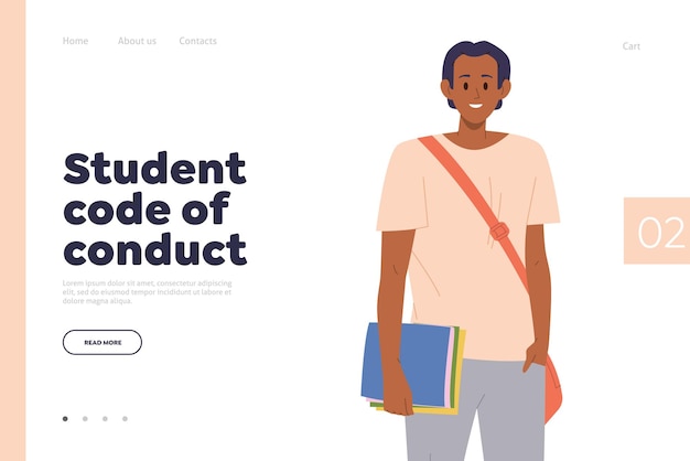 Vetor código de conduta estudantil conceptual landing page design modelo de site de publicidade para programa educacional internacional de universidade ou faculdade dicas e conselhos para melhorar o processo de aprendizagem