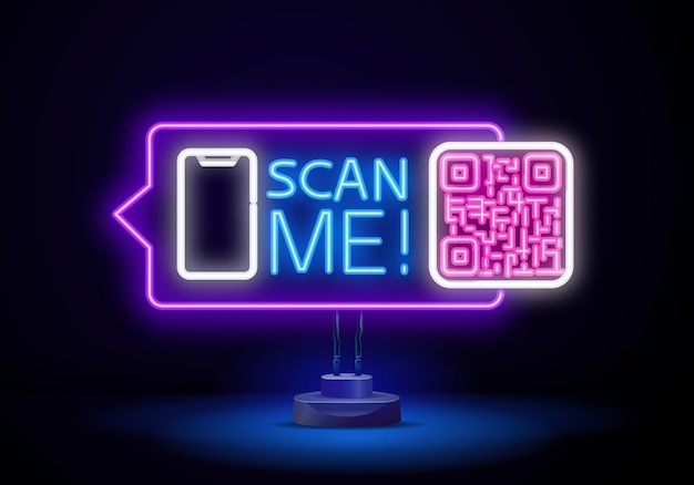Vetor código qr para smartphone inscrição escanear-me com ícone de smartphone código qr para pagamento ícone de néon ilustração vetorial
