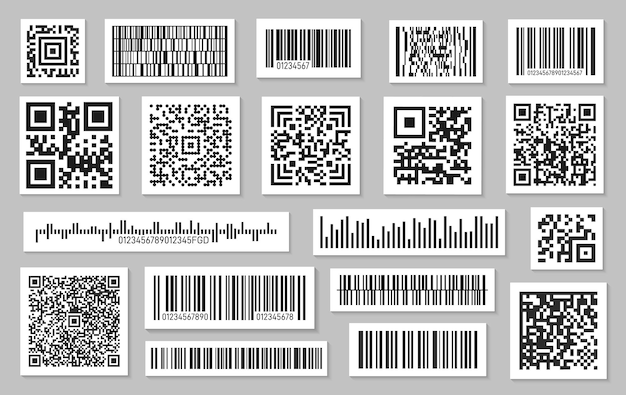 Códigos de barras pretos Etiquetagem de código de barras qr code para produto Adesivo para escanear etiquetas de identidade pessoal sobre vacinação Conjunto de vetores exatos de códigos diferentes