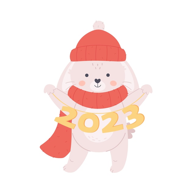 Coelhinha branca de cachecol e chapéu deseja um feliz ano novo 2023 ano do coelho férias de inverno