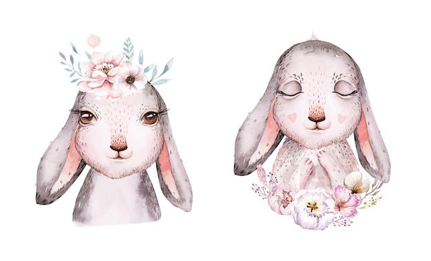 Coelhinha da páscoa com orelhas compridas e flores ilustração realista de aquarela