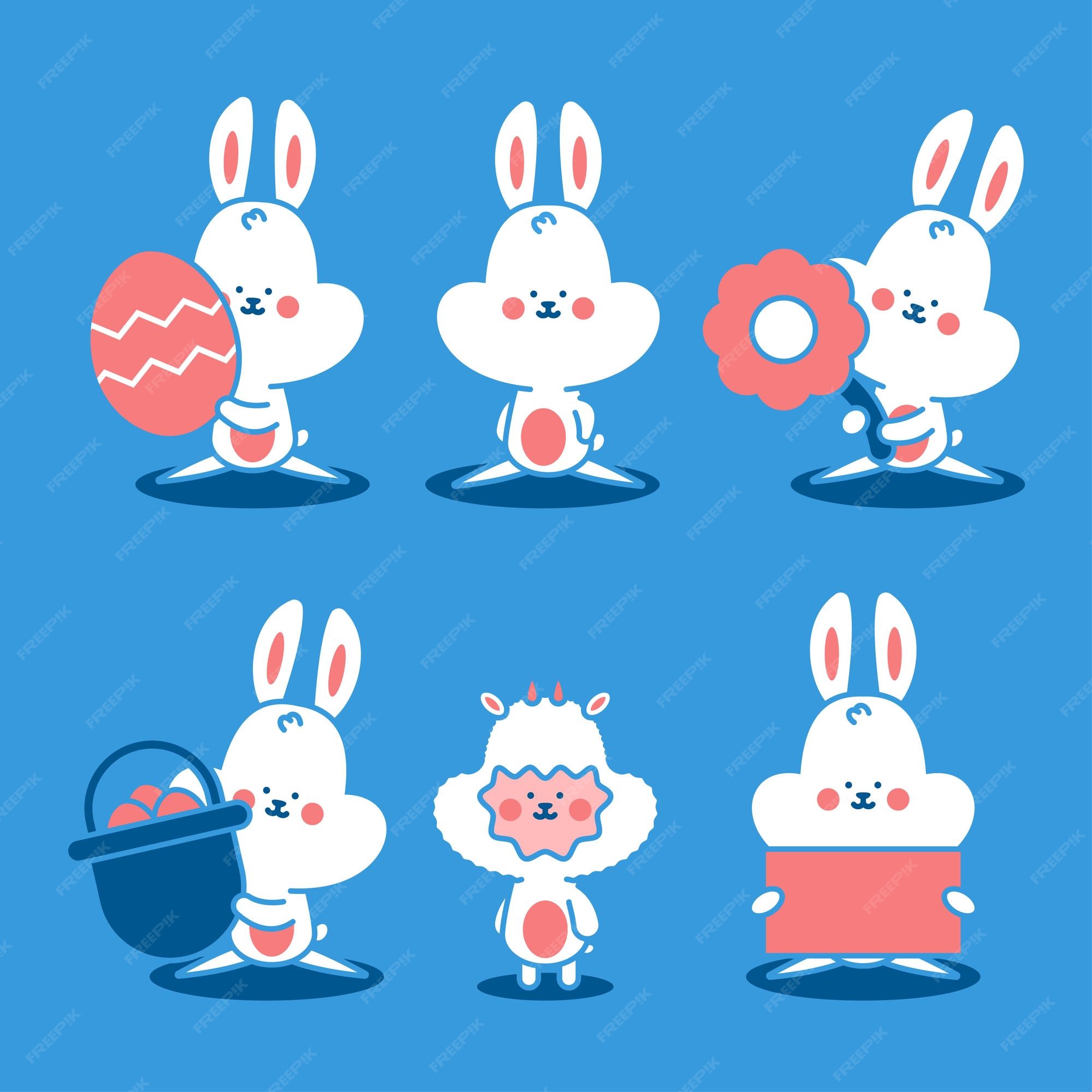 Coelhos de Páscoa desenhos animados com cestas e ovos pintados, coelhos bonitos. Ovo de retenção de coelho fofo, conjunto de vetor de caráter de coelho de férias de primavera imagem vetorial de
