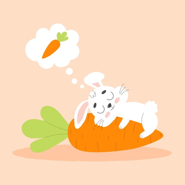 Coelhinho da páscoa branco bonito dorme na ilustração vetorial de desenho animado de cenoura grande