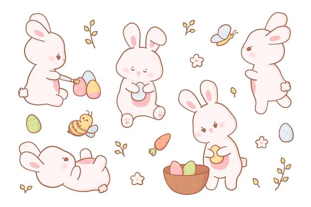 Vetor coelhinho da páscoa em estilo kawaii e cores pastel coleção vetorial de coelhos de desenho animado em diferentes poses com ovos abelha e borboleta