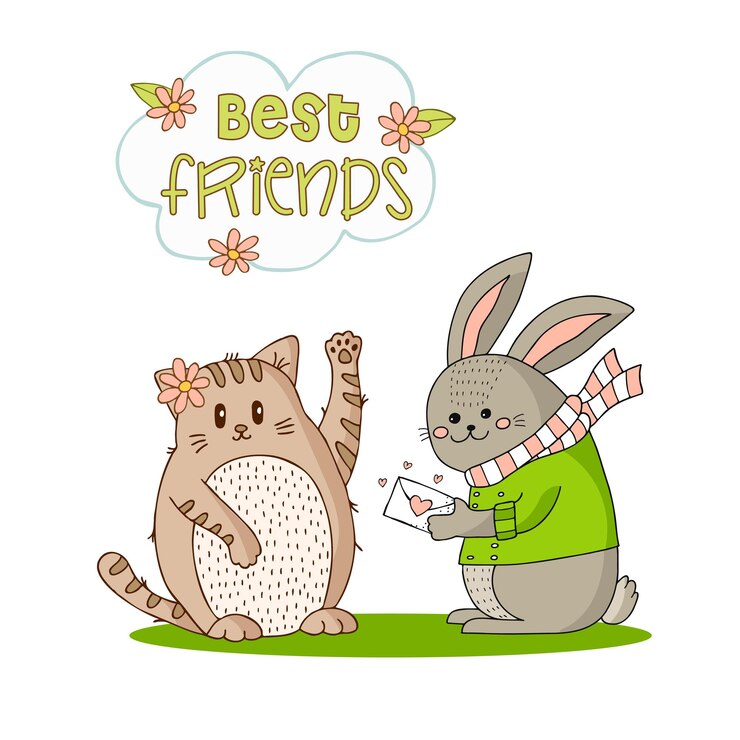 Vetor coelhinho engraçado em uma jaqueta verde e lenço listrado rosa e branco com um envelope com um coração e um gatinho com uma flor. ilustração de doodle desenhado à mão. os melhores amigos.