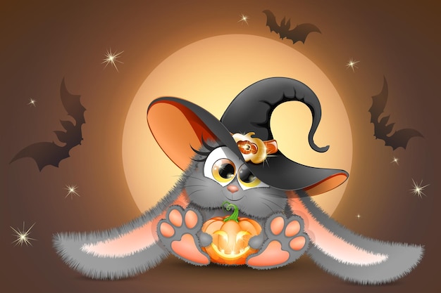 Coelhinho fofo de desenho animado cinza com chapéu de bruxa com abóbora engraçada de Halloween no fundo da lua cheia