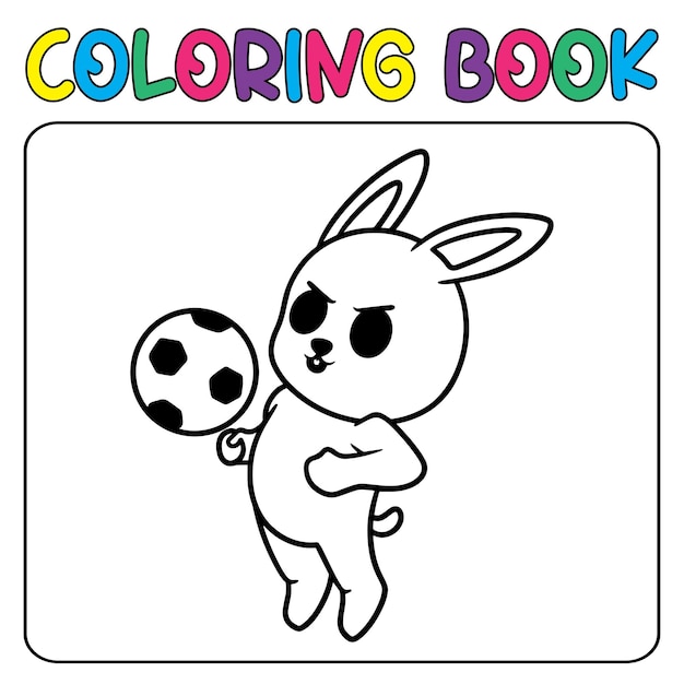 Vetor coelhinho fofo de vetor jogando futebol para ilustração de ícone vetorial de página para colorir de crianças 039