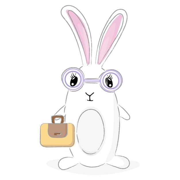 Coelhinho fofo desenhado à mão com óculos e ilustração vetorial de coelho de maleta design de impressão infantil isolado em branco