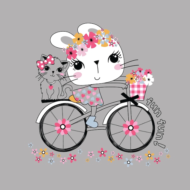 Coelhinho fofo em uma ilustração vetorial de desenho animado de bicicleta