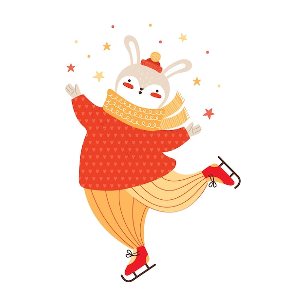 Vetor coelhinho fofo patinando no gelo coelho de desenho animado engraçado joga uma serpentina em forma de estrelas lebre em roupas quentes de inverno isoladas no fundo branco ano novo ou natal ilustração desenhada à mão