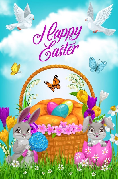 Coelhinhos e flores da cesta de caça aos ovos de Páscoa