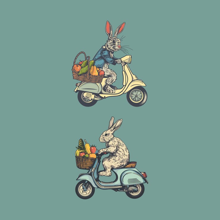 Vetor coelho a andar de scooter com uma cesta cheia de frutas.
