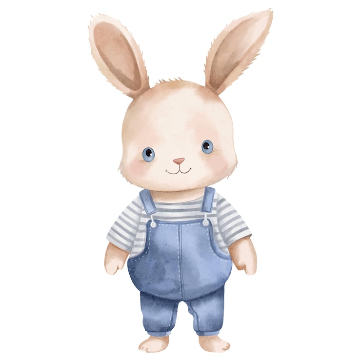 Vetor coelho aquarelado em roupas brinquedos aquarelados ilustração vetorial de coelho bebê coelho de desenho animado bonito