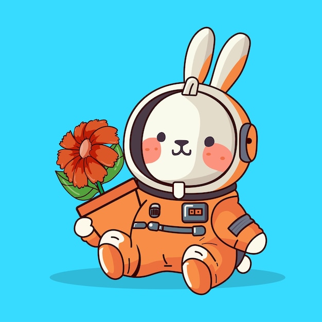 Vetor coelho astronauta segurando vetor de ilustração de coelhinho fofo de vaso de flores