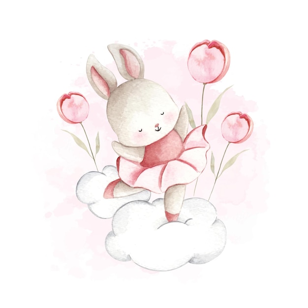 Vetor coelho bailarina aquarela dançando na nuvem e flor rosa