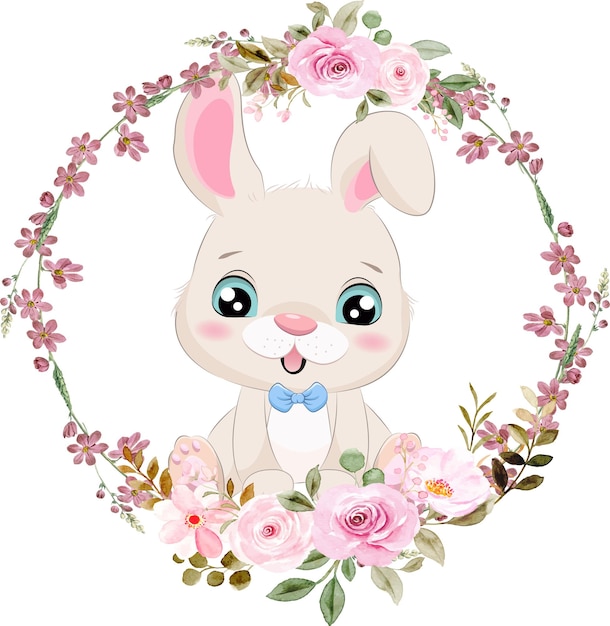 Vetor coelho bebê fofo com guirlanda de flores