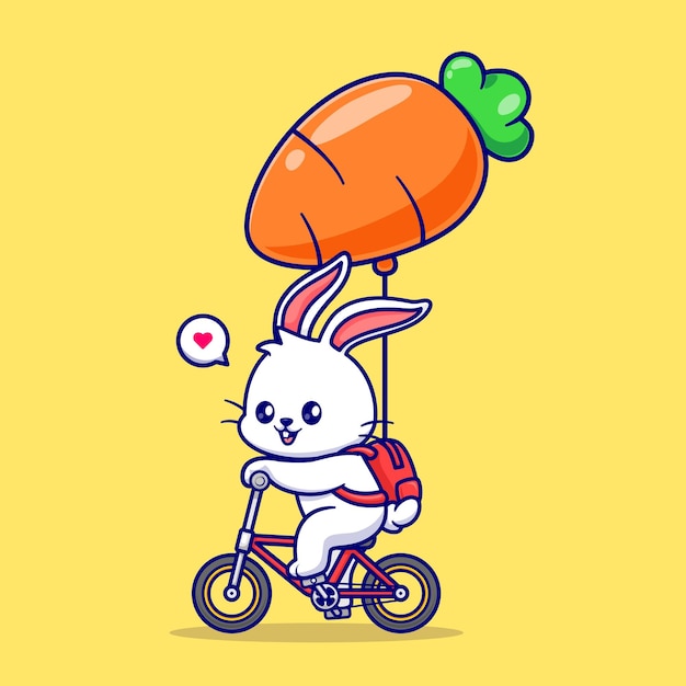 Coelho bonito andando de bicicleta com balão de cenoura ilustração vetorial ícone dos desenhos animados ícone de férias animal