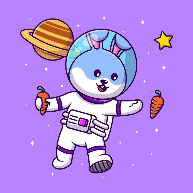 Coelho bonito astronauta pegando cenoura no espaço ilustração de ícones vetoriais de desenho animado