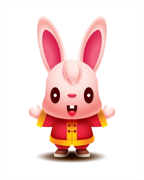 Coelho bonito dos desenhos animados vestindo traje tradicional de ano novo chinês com mãos de saudação de boas-vindas