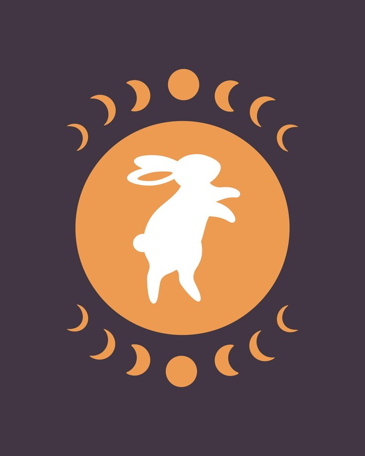 Vetor coelho branco bonito com elementos de astrologia. ano do coelho. ilustração vetorial desenhada à mão